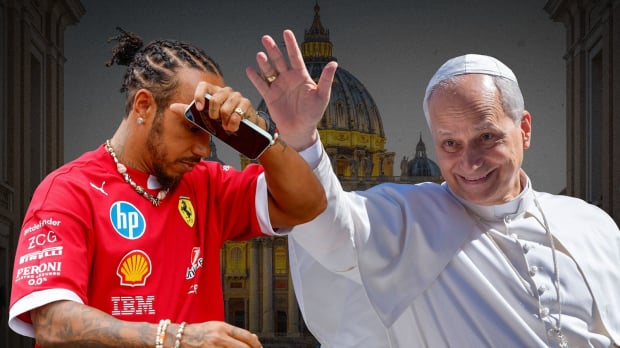 A curated image shows a dejected looking Lewis Hamilton next to the Pope