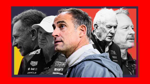Edited image of Horner, Newey, Wheatley and Marko all in black and white with Mintzlaff in colour and a red background
