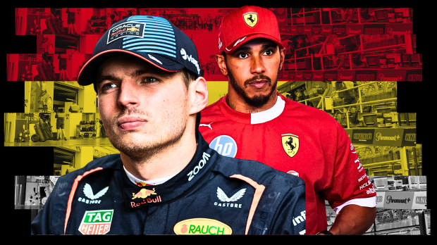 Max Verstappen and Lewis Hamilton in front of a Belgian flag looking concerned