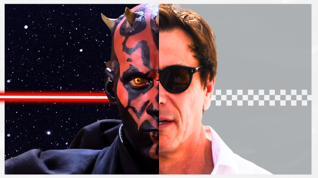 A half-half picture shows the faces of Darth Maul and Toto Wolff