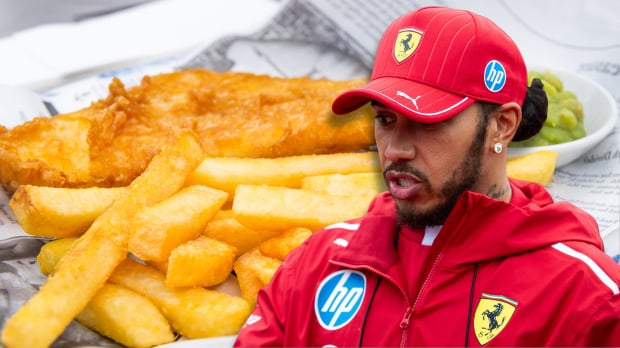 Lewis Hamilton looks over a plate of fish and chips in a composite