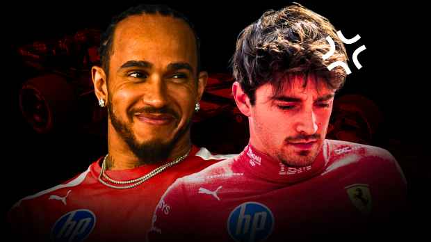 Hamilton smiling edited next to headshot of Leclerc looking glum with Ferrari car behind them and black background — Photo: © IMAGO