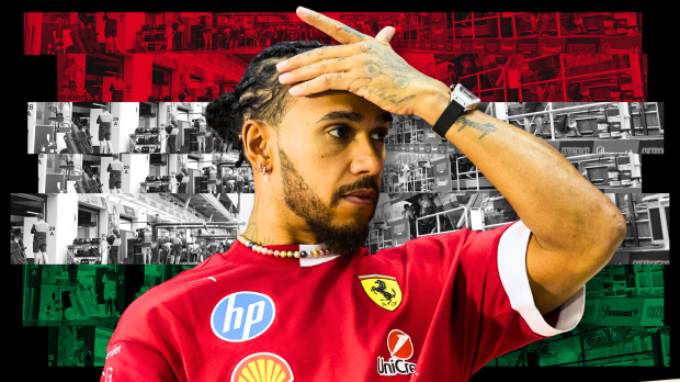 Hamilton red Ferrari t-shirt with hand on his forehead with red, white and green Hungarian flag background — Photo: © IMAGO