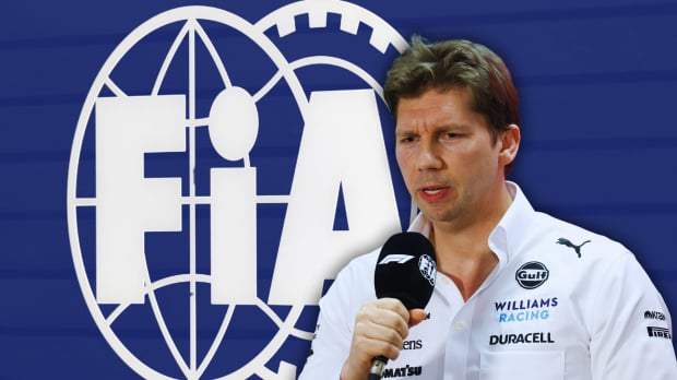 James Vowles speaking into a mic with the FIA logo as the background