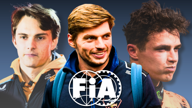 A smug-looking Verstappen with Norris and Piastri either side with annoyed expressions. There is a blue background and a white FIA logo in front of the drivers.