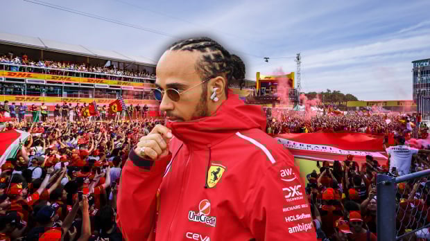 Composite image of Hamilton looking downcast in Ferrari kit with tifosi Monza background