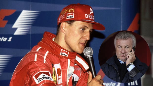 Schumacher holding microphone in Ferrari kit with circular inset of Willi Weber on the phone — Photo: © IMAGO
