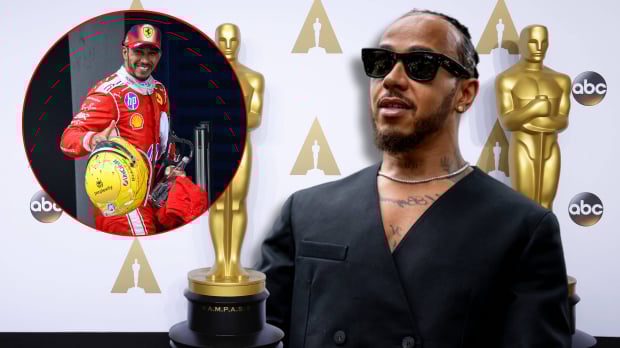 Hamilton in black suit and shades looking serious with Oscars-themed background with circular inset on the left of Hamilton in Ferrari race suit after Chinese GP — Photo: © IMAGO