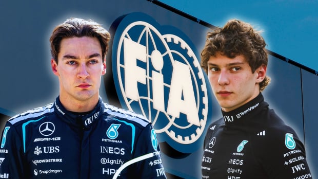 Shots of Russell and Antonelli in Mercedes race suits from the shoulders upwards looking concerned with a background of a blue building with the white FIA logo — Photo: © IMAGO