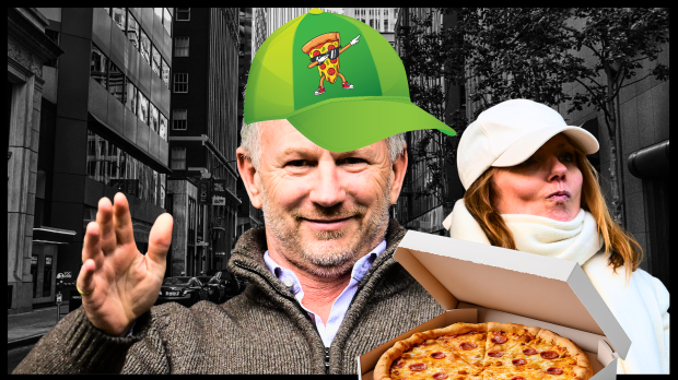 Christian Horner is pictured with Geri Halliwell while holding a pizza in a composite