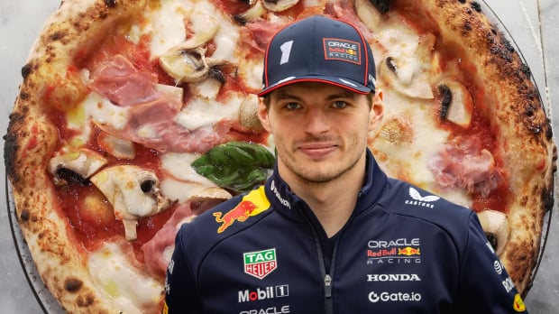 Max Verstappen is pictured with a Neapoliton Pizza behind him