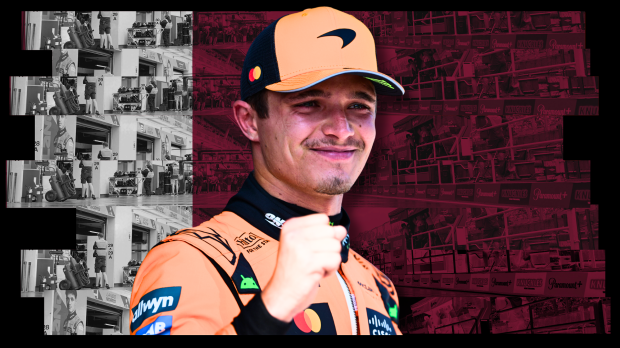 Lando Norris looking happy edited onto a background of a Qatar flag