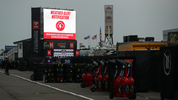 An image of a weather warning at Pocono Raceway ahead of a NASCAR race