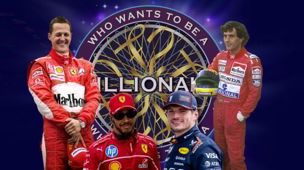 Michael Schumacher, Lewis Hamilton, Max Verstappen, Ayrton Senna pictured in front of a Who Wants to Be a Millionaire? logo