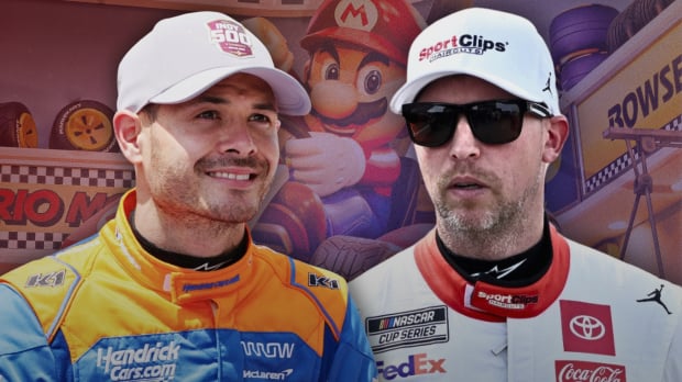 A composite image of Mario Kart and NASCAR drivers Kyle Larson and Denny Hamlin