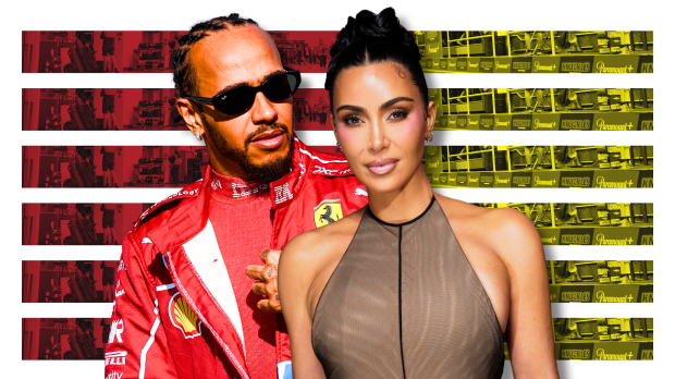 Hamilton in Ferrari F1 race suit edited alongside Kim Kardashian in full glam with white, red and yellow graphic background — Photo: © IMAGO