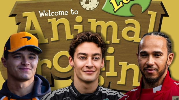 The Animal Crossing logo sits behind Lewis Hamilton, Lando Norris and George Russell, all of whom are smiling