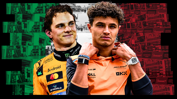 Lando Norris and Oscar Piastri in front of an Italian flag themed background shot of the Italian GP