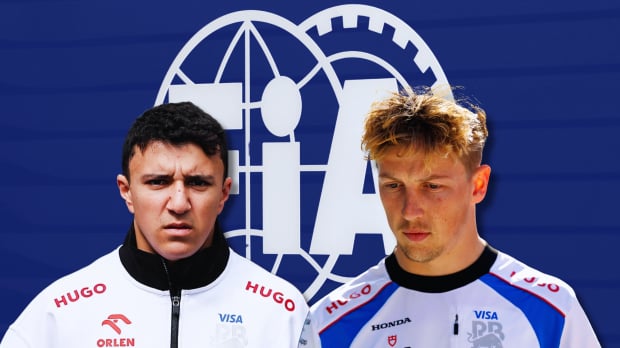 RB drivers Hadjar and Lawson looking angry in front of FIA logo