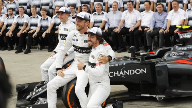 Button and Alonso are pictured together at McLaren in 2016