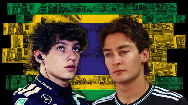 Russell and Antonelli in Mercedes kit with a serious expression in front of an edited Brazilian flag-themed background