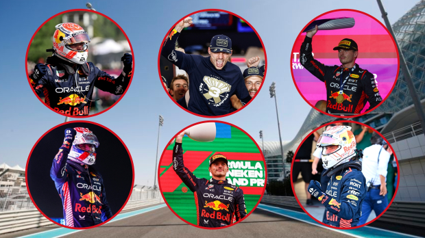 Max Verstappen celebrating victory in six different races