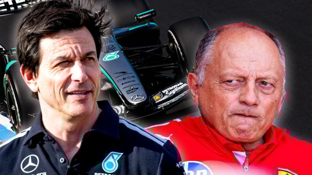 An edited image of Toto Wolff grinning and Fred Vasseur looking suspicious on the backdrop of a Mercedes car — Photo: © IMAGO