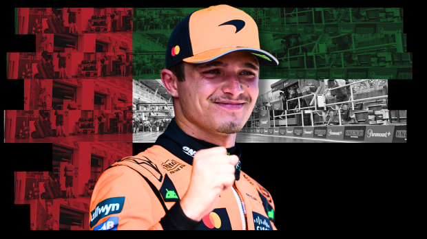 Lando Norris smiling and celebrating edited onto a background of UAE flag