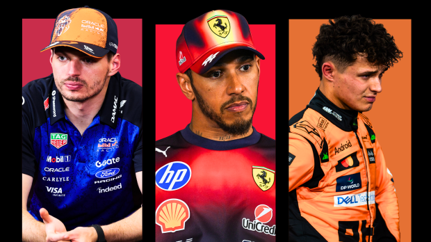 Verstappen, Hamilton and Norris in respective teamwear edited in front of burgundy, red and orange rectangles ona. black background — Photo: © IMAGO