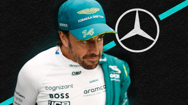 Fernando Alonso in Aston Martin kit in front of a Mercedes logo