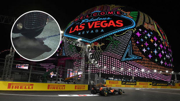 Classic cars leak oil at the Las Vegas Grand Prix