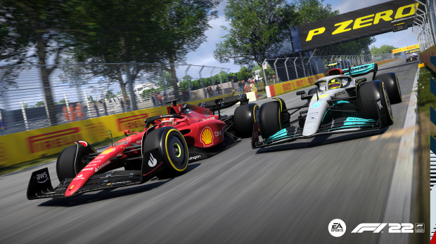 A screenshot from F1 23 featuring Lewis Hamilton's Mercedes
