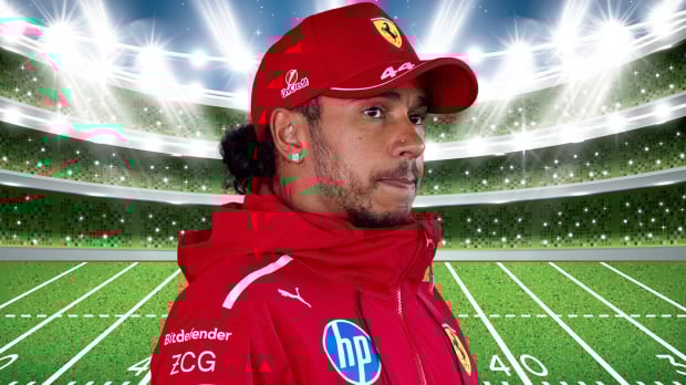 Lewis Hamilton with an NFL stadium graphic in the background