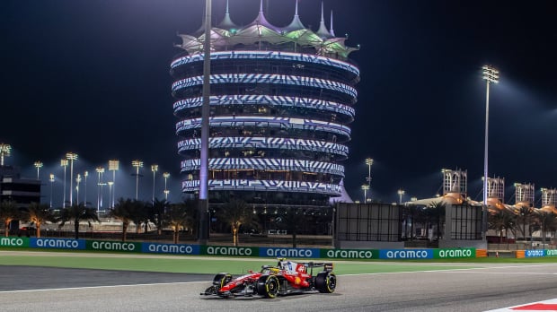 Lewis Hamilton drives his car at the Sakhir race track in pre-season testing