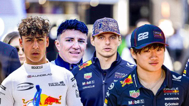An edited image of Lindblad, Hadjar, Verstappen and Tsunoda all lined up in various Red Bull race suits