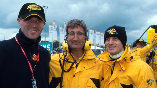 Roy Keane with team boss Eddie Jordan and driver Jarno Trulli.