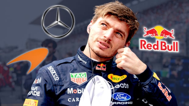 Max Verstappen looks up surrounded by Mercedes, McLaren and Red Bull logos — Photo: © IMAGO