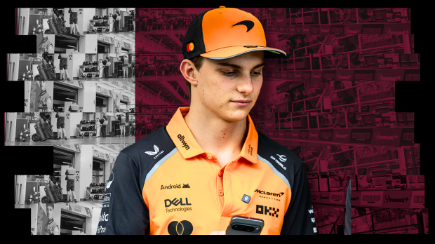 Oscar Piastri looking sad edited onto a background of the Qatar flag