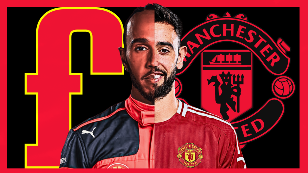 Lewis Hamilton and Bruno Fernandes are pictured half and half to make one person 