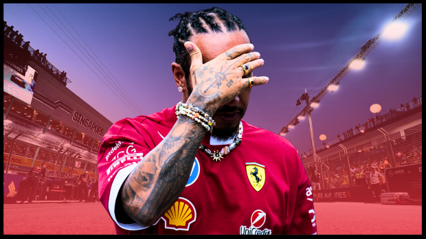 Lewis Hamilton looking downcast edited in front of a background of the Singapore GP circuit