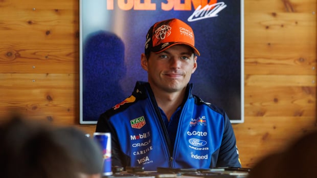 Verstappen faces the media at Zandvoort on Thursday.