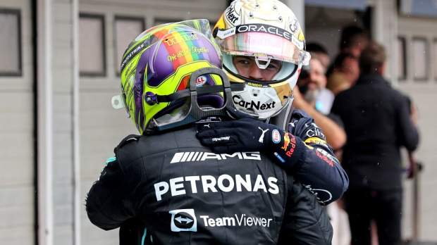 Lewis Hamilton hugs Max Verstappen after Hungarian Grand Prix