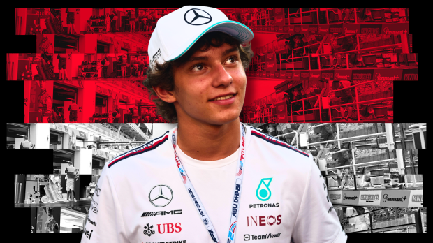 Antonelli smiling in white Mercedes tee and cap with red and white Monaco flag background — Photo: © IMAGO