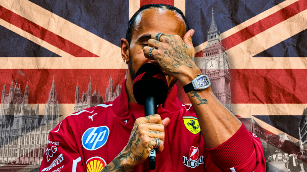 Hamilton holding F1 mic in Ferrari merch with hand covering face in front of union jack and London landscape background — Photo: © IMAGO