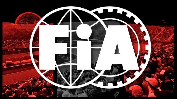white FIA logo with Canadian GP F1 themed background in red and white — Photo: © IMAGO