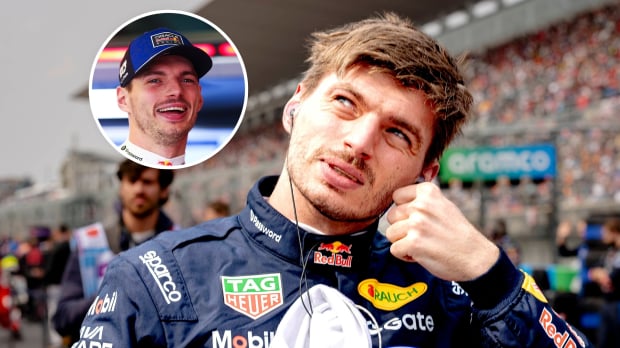 Max Verstappen frowning up at an inset of Max Verstappen looking cheeky — Photo: © IMAGO