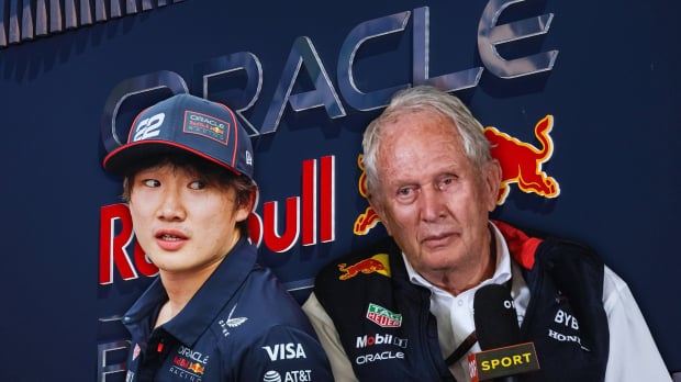 composite image of marko and tsunoda in front of the red bull racing logo