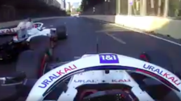Nikita Mazepin weaves in front of Mick Schumacher in Azerbaijan