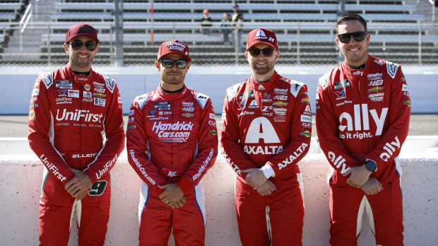 An image of Hendrick Motorsports' NASCAR Cup Series lineup in 2025 including Chase Elliott, Kyle Larson, Alex Bowman, and William Byron