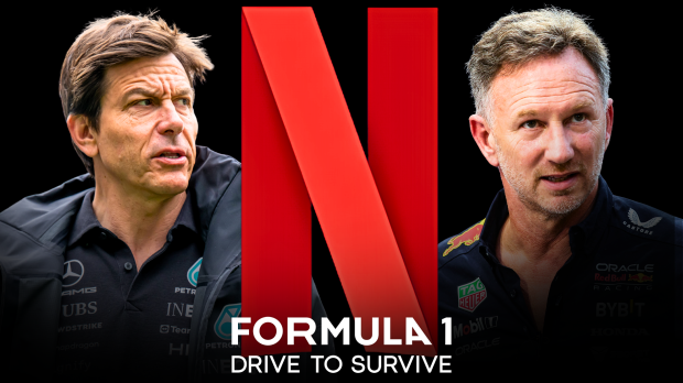 Wolff looking annoyed and Horner looking serious either side of Netflix Drive to Survive logo — Photo: © IMAGO